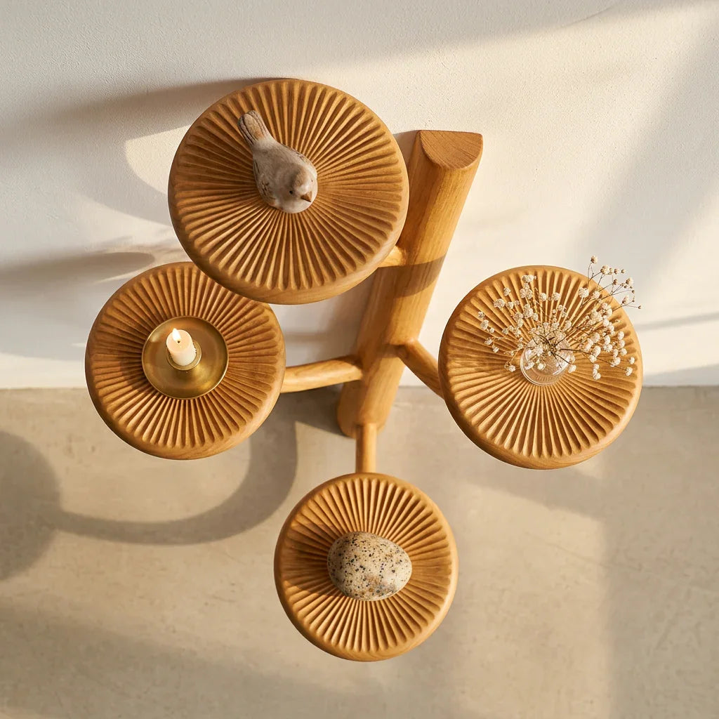 Tree Branch Mushroom Wall Shelf with 4 Round Platforms - Handcrafted Solid Wood Candelabra-Style Floating Shelf with Smooth Curved Arms and Carved Gill Rim - Ashdeco 2026