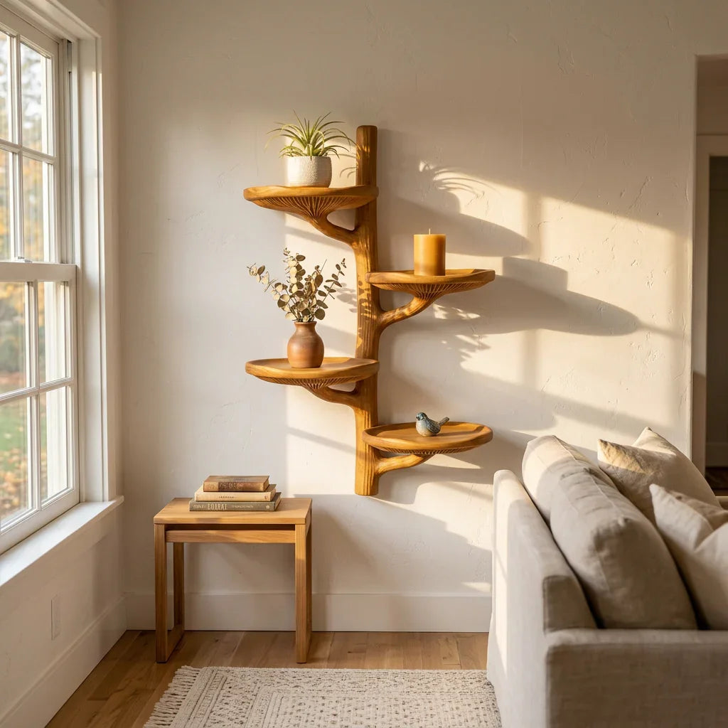 Tree Branch Mushroom Wall Shelf with 4 Wide Dished Platforms - Handcrafted Solid Wood Floating Shelf with Carved Gill Detail and Smooth Branch Trunk - Ashdeco 2026