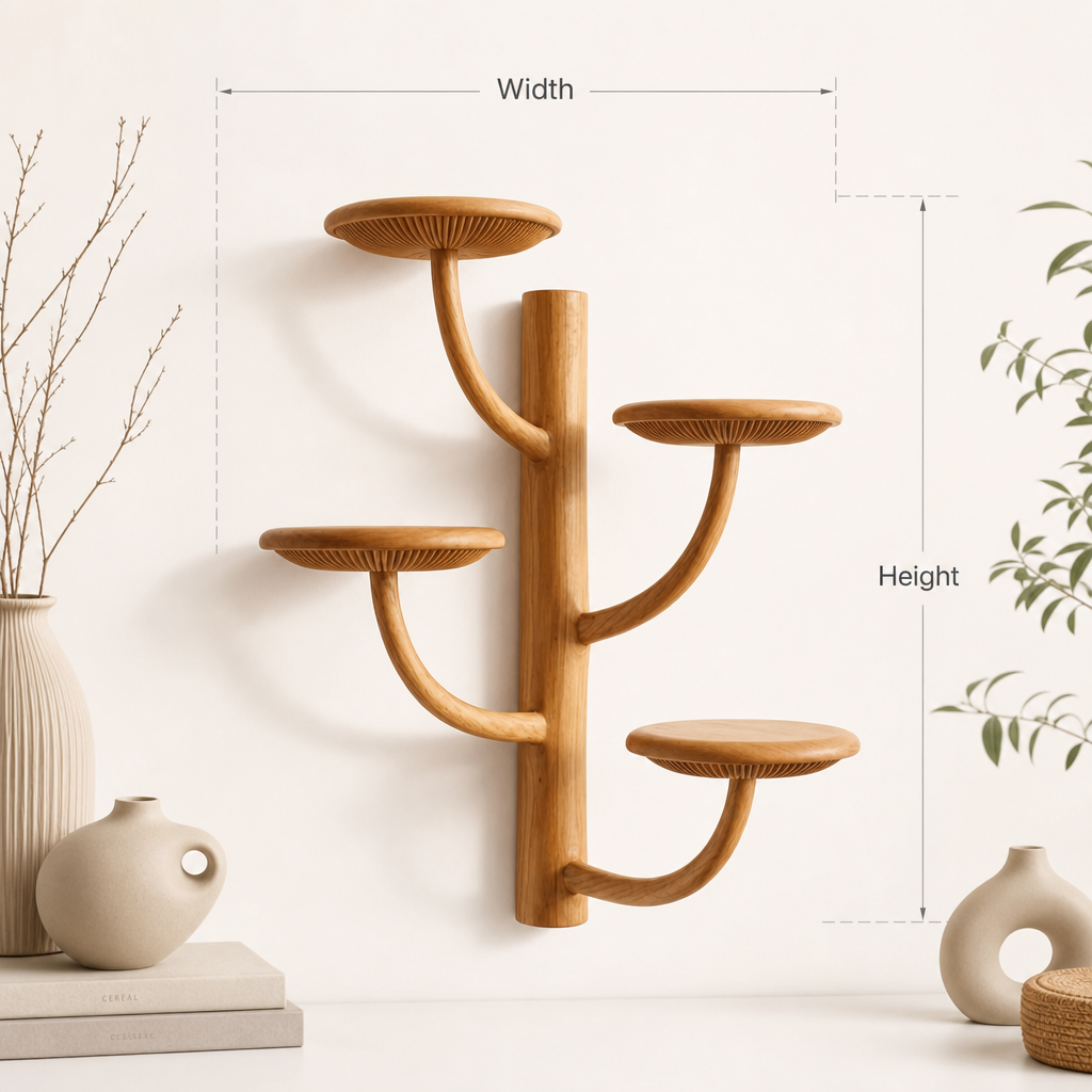 Tree Branch Mushroom Wall Shelf with 4 Round Platforms - Handcrafted Solid Wood Candelabra-Style Floating Shelf with Smooth Curved Arms and Carved Gill Rim