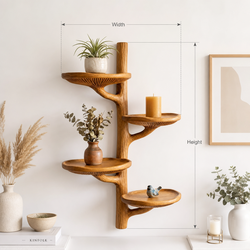 Tree Branch Mushroom Wall Shelf with 4 Wide Dished Platforms - Handcrafted Solid Wood Floating Shelf with Carved Gill Detail and Smooth Branch Trunk