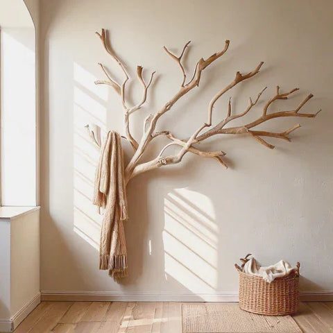 Minimalist beige room with wooden tree branch coat rack and wicker basket on wooden floor