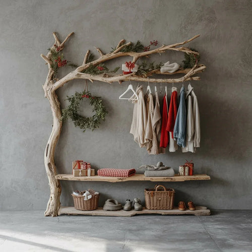 Wall Mounted Driftwood Hall Tree Coat Rack – Tree Branch Rack with Shelf & Shoe Storage