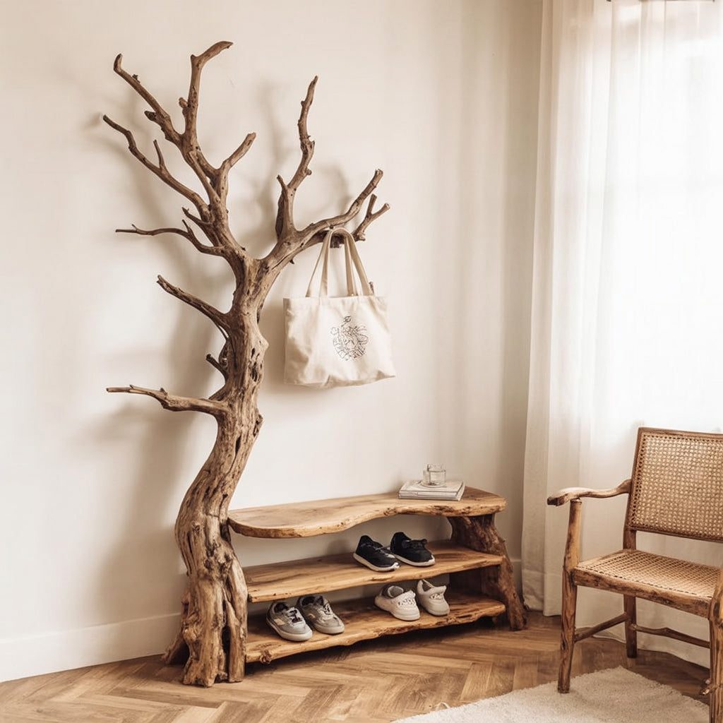 Live edge solid wood entryway tree bookshelf and shoe rack with natural branch design