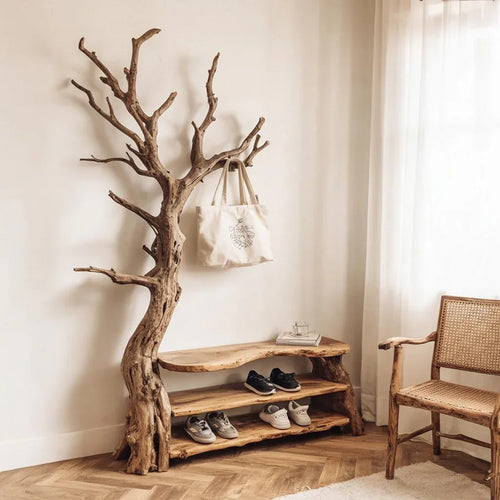 Driftwood Tree Branch Hall Tree Coat Rack – Standing Solid Wood Clothes Rack with Shelves