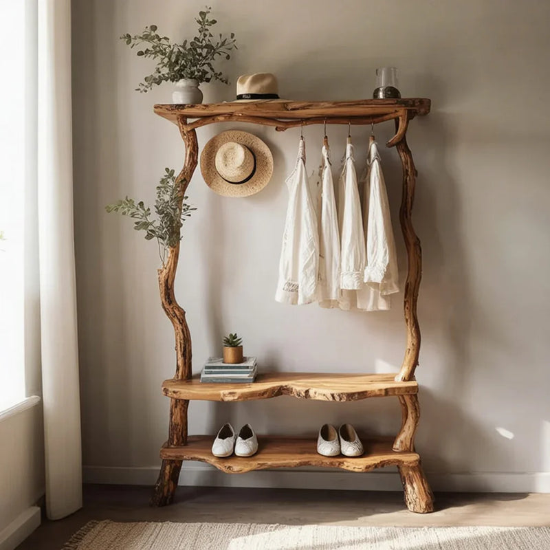 Live edge solid wood tree bookshelf with hanging rack, displaying hats, plants, shoes, and shirts.