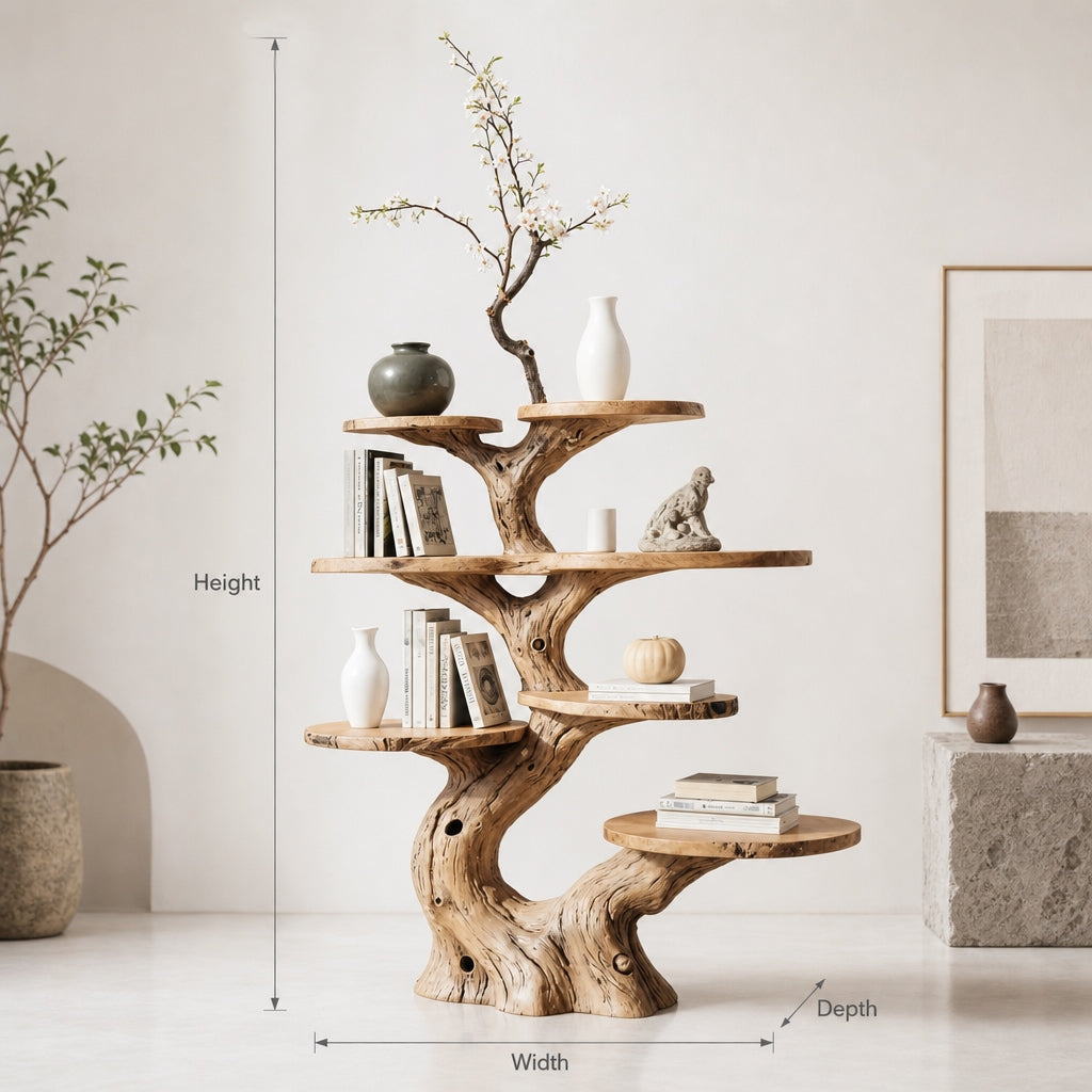 Tree Shaped Wooden Bookshelf – Handmade Solid Wood Tree Shelf for Home Decor