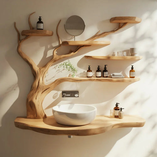 Ashdeco Live Edge Bathroom Vanity – Handmade Wood Sink Console with Tree Branch Shelves