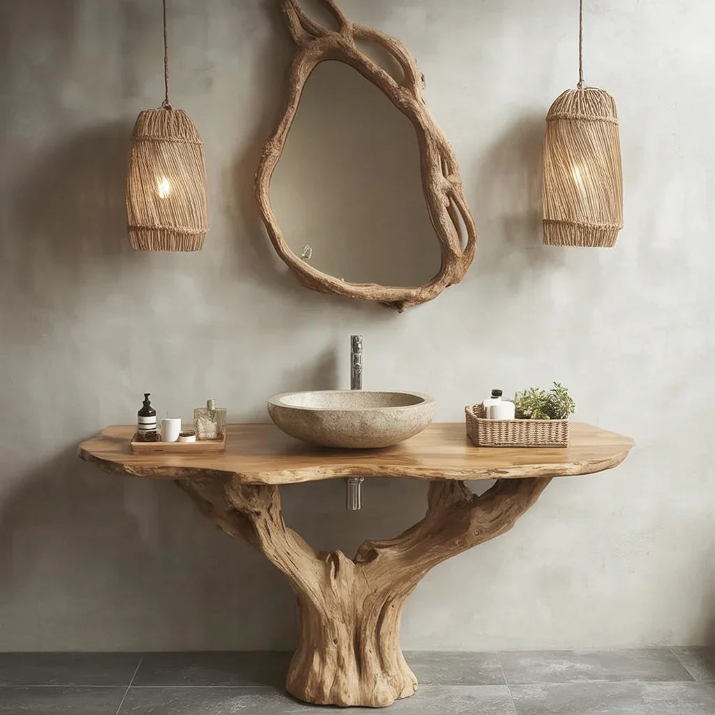 Live edge tree trunk bathroom vanity with stone basin, rustic mirror and pendant lights