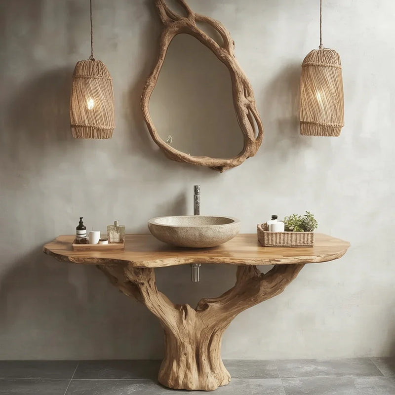Live edge tree trunk bathroom vanity with stone basin, rustic mirror and pendant lights