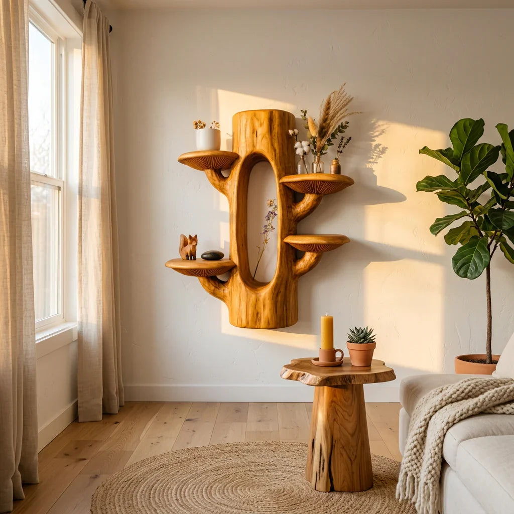 Tree Trunk Mushroom Wall Shelf with Hollow Display Nook - Solid Wood Sculptural Floating Shelves for Living Room, Bedroom & Entryway - Ashdeco 2026