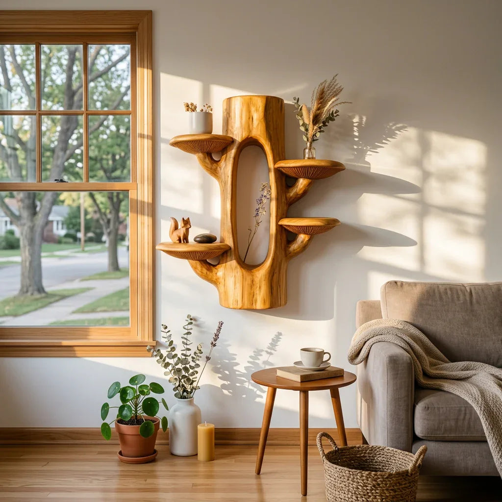 Tree Trunk Mushroom Wall Shelf with Hollow Display Nook - Solid Wood Sculptural Floating Shelves for Living Room, Bedroom & Entryway - Ashdeco 2026