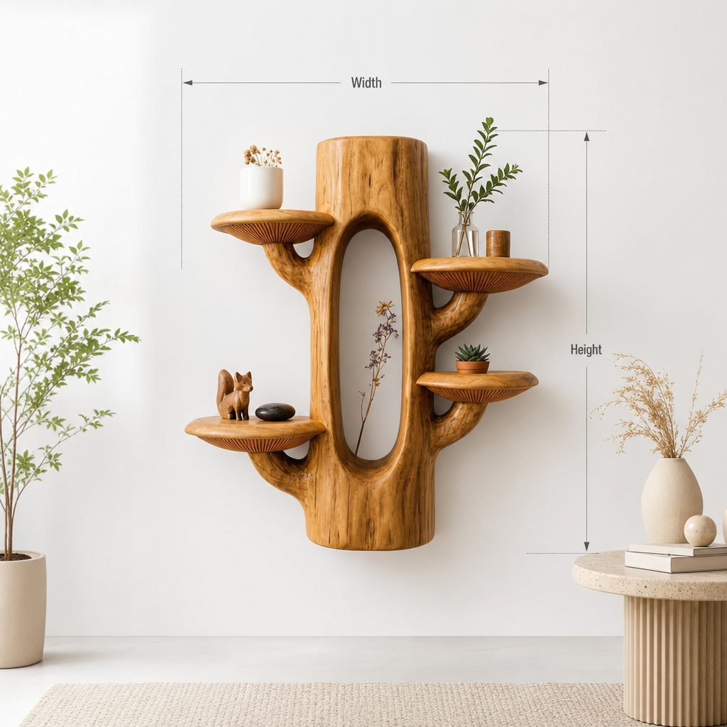 Tree Trunk Mushroom Wall Shelf with Hollow Display Nook - Solid Wood Sculptural Floating Shelves for Living Room, Bedroom & Entryway