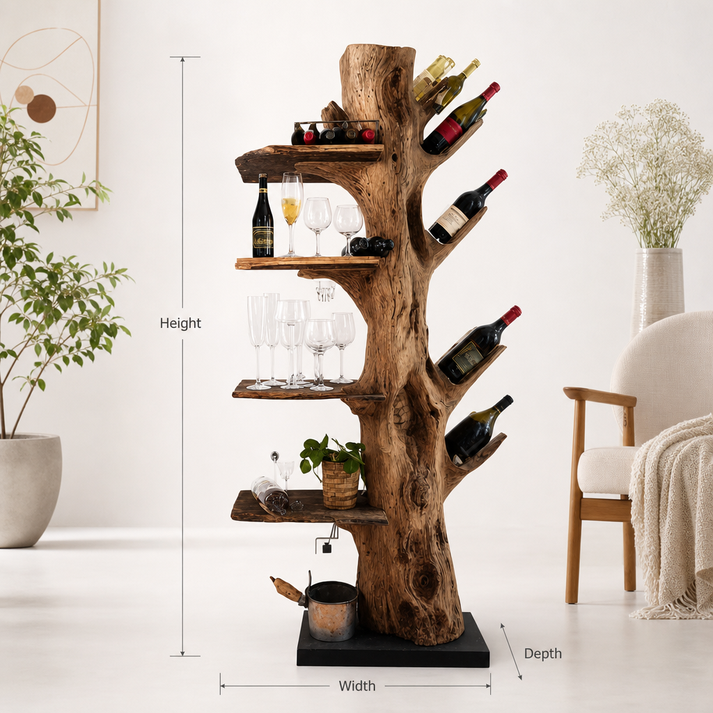 Tree Trunk Wine Rack – Handmade Solid Wood Wine Shelf with Glass Holder for Rustic Home Decor