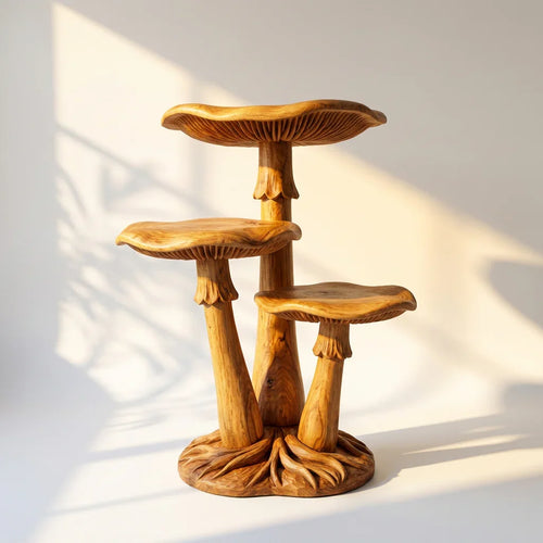 Triple Mushroom Cluster Display Stand with 3 Staggered Cap Shelves, Gill Carving and Root Base, Handcrafted Solid Wood Freestanding Shelf for Living Room, Bedroom, Entryway