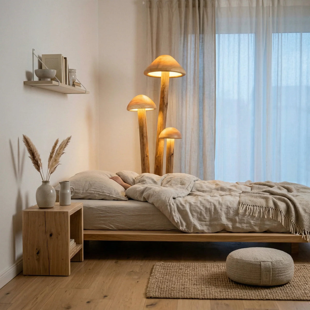 Triple mushroom floor lamp with wooden base in cozy minimalist bedroom