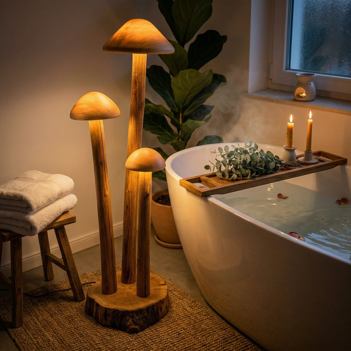 Triple mushroom cluster floor lamp with wooden base beside a modern bathtub in a cozy bathroom