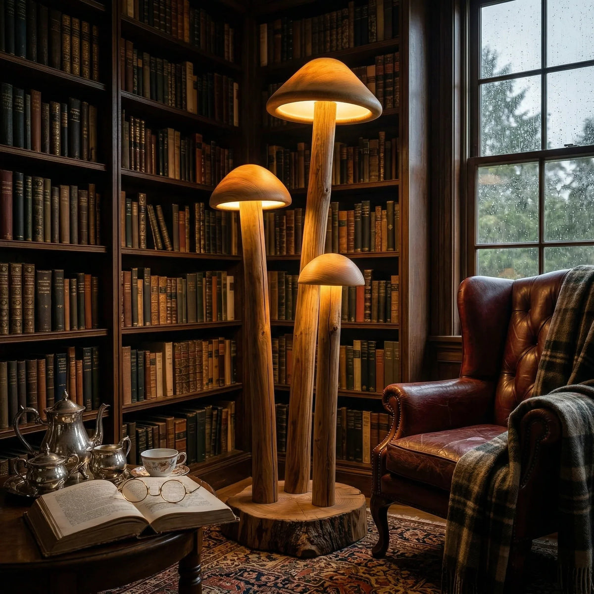 Triple mushroom floor lamp with wooden stems and dome caps in cozy library setting