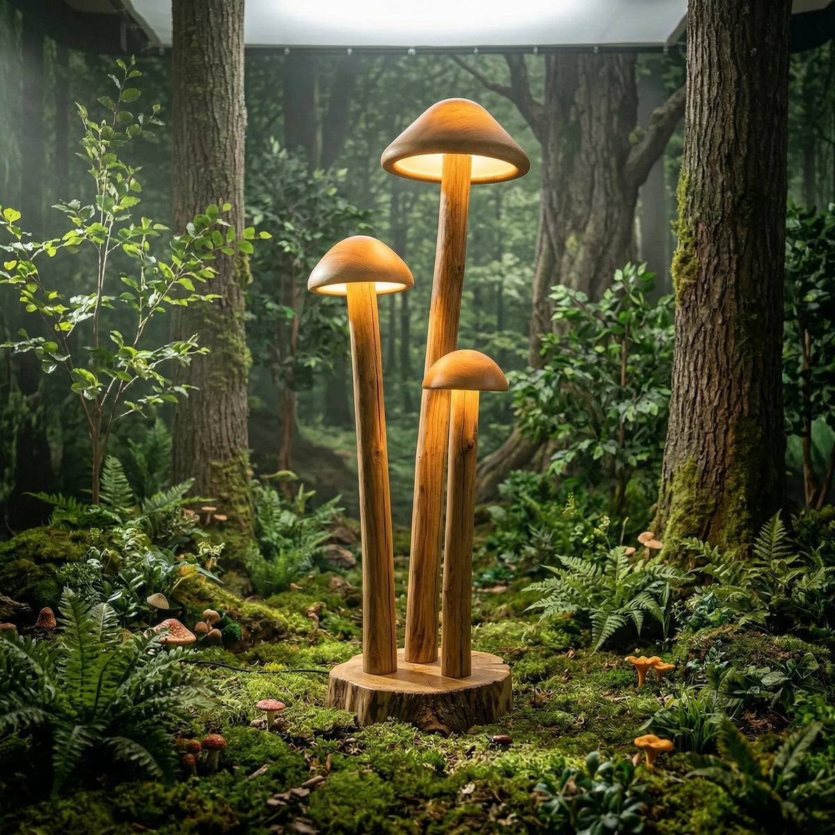 Triple mushroom-shaped wood floor lamp with dome downlights in a lush forest setting