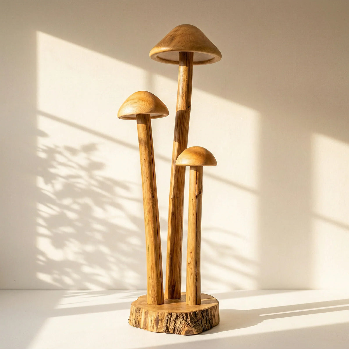 Triple mushroom cluster floor lamp with solid wood hollow dome shades in natural light