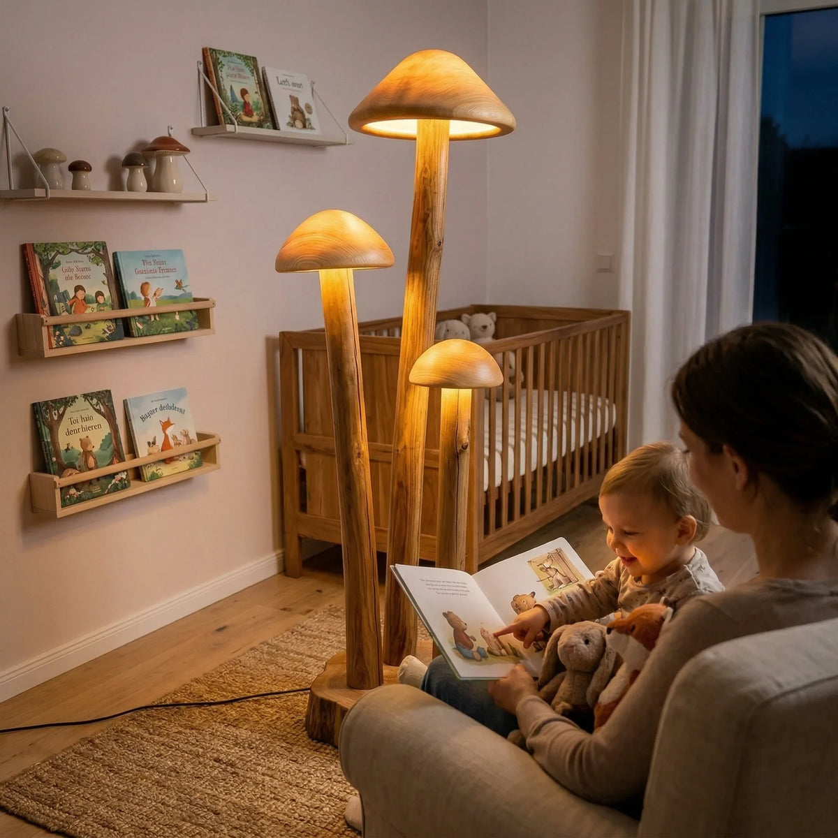 Triple mushroom cluster floor lamp with wood base illuminating a cozy nursery with bookshelves and crib.