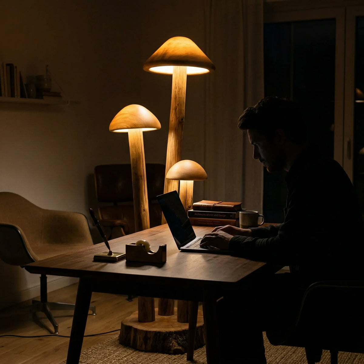 Triple mushroom cluster floor lamp with wooden stems and dome downlights in a cozy office