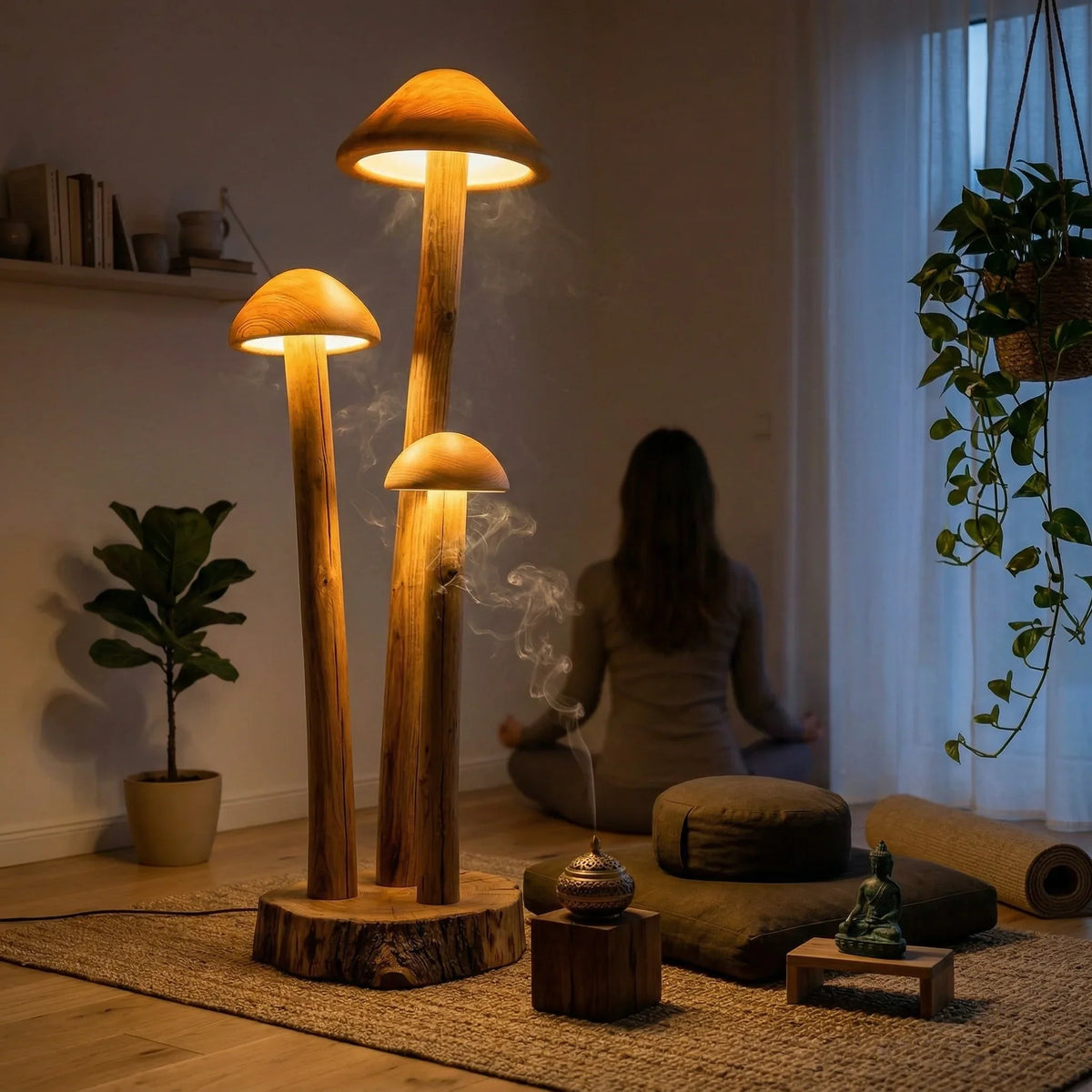 Triple mushroom cluster floor lamp with wood dome shade in a cozy meditation room