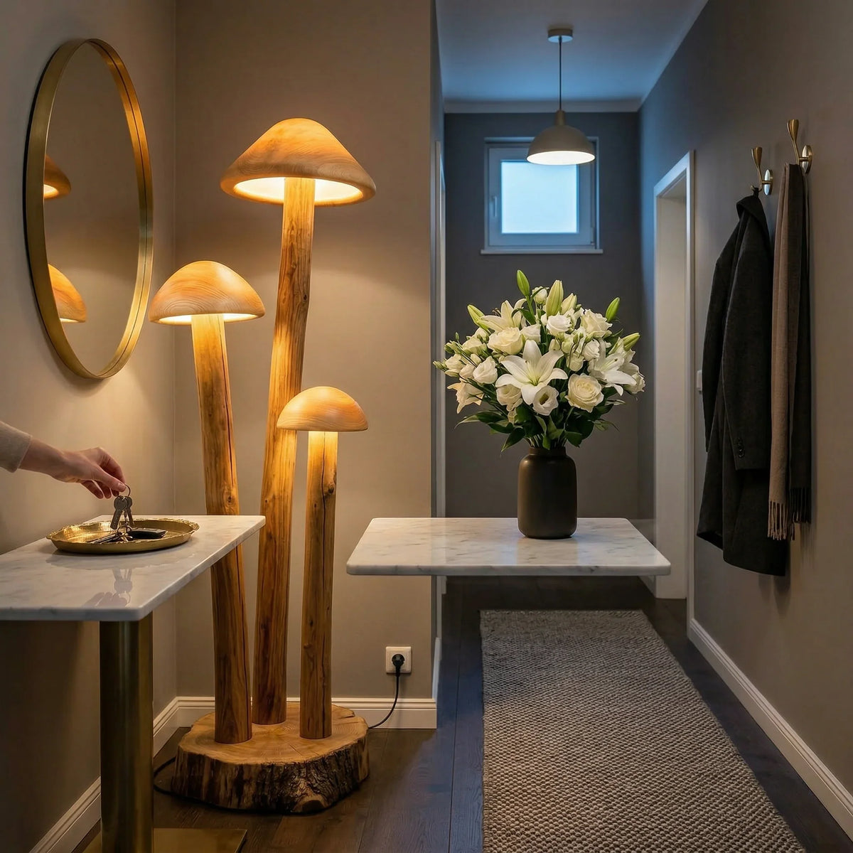 Triple mushroom cluster floor lamp with wooden base in a modern hallway