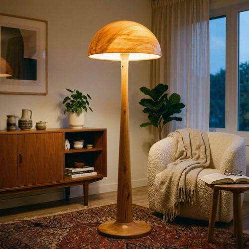 Turned Wood Mushroom Floor Lamp with Translucent Glowing Cap