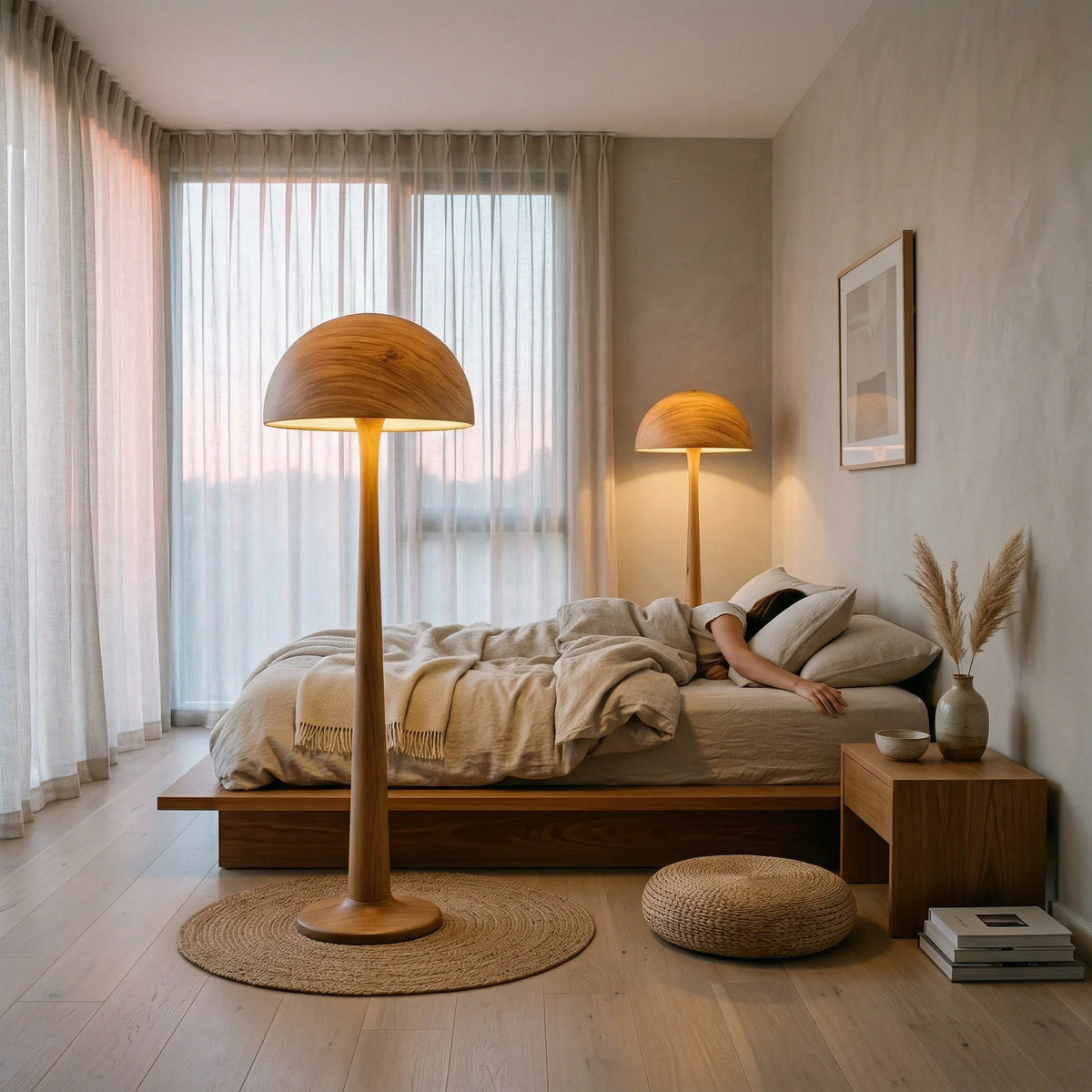 Solid wood mushroom floor lamp with glowing dome shade in modern bedroom
