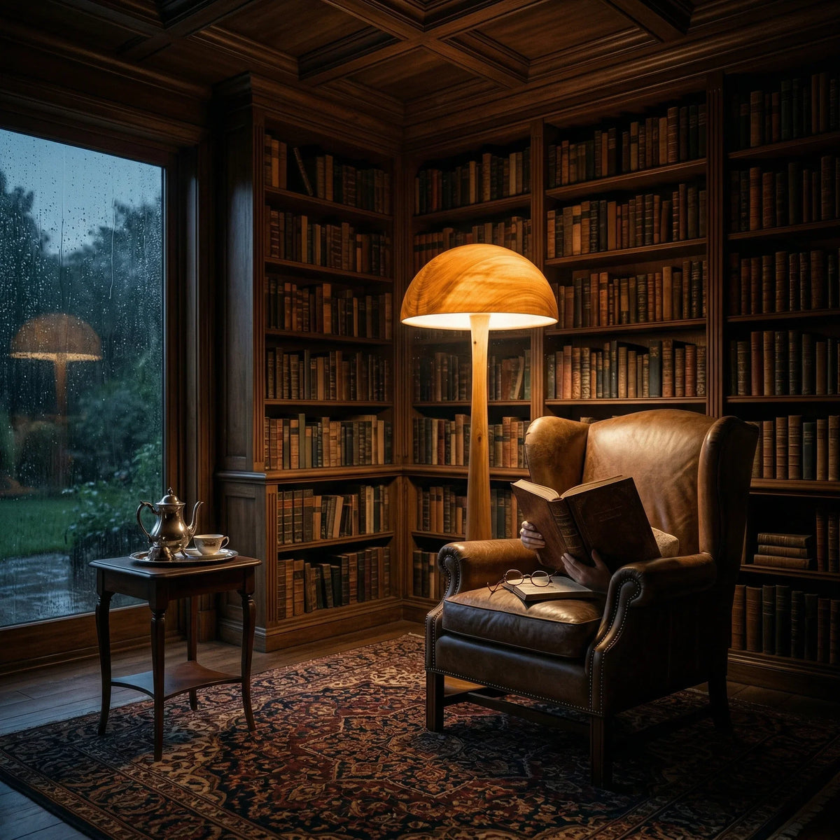 Solid wood mushroom floor lamp with glowing dome cap and tapered stem on disc base