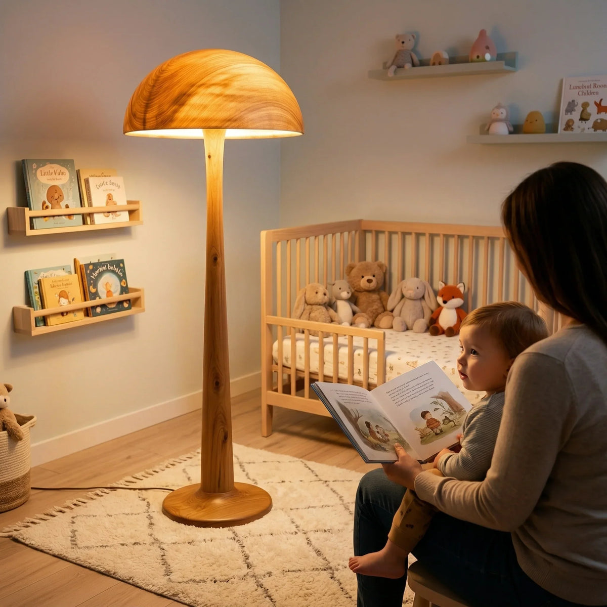 Solid wood mushroom floor lamp with glowing dome shade in cozy nursery room.