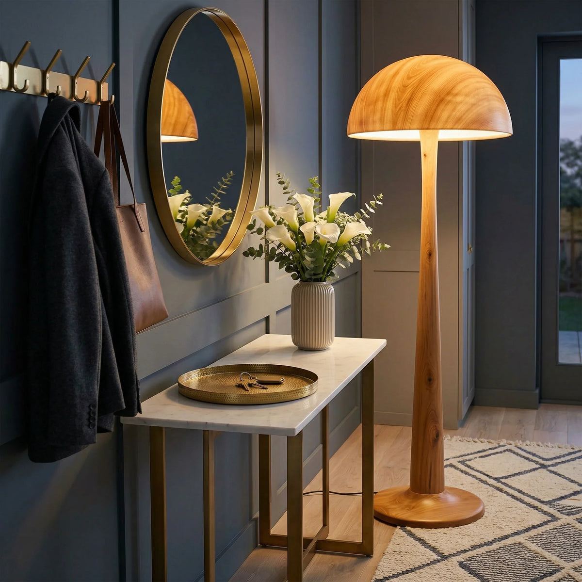 Solid wood mushroom floor lamp with glowing dome shade in modern entryway