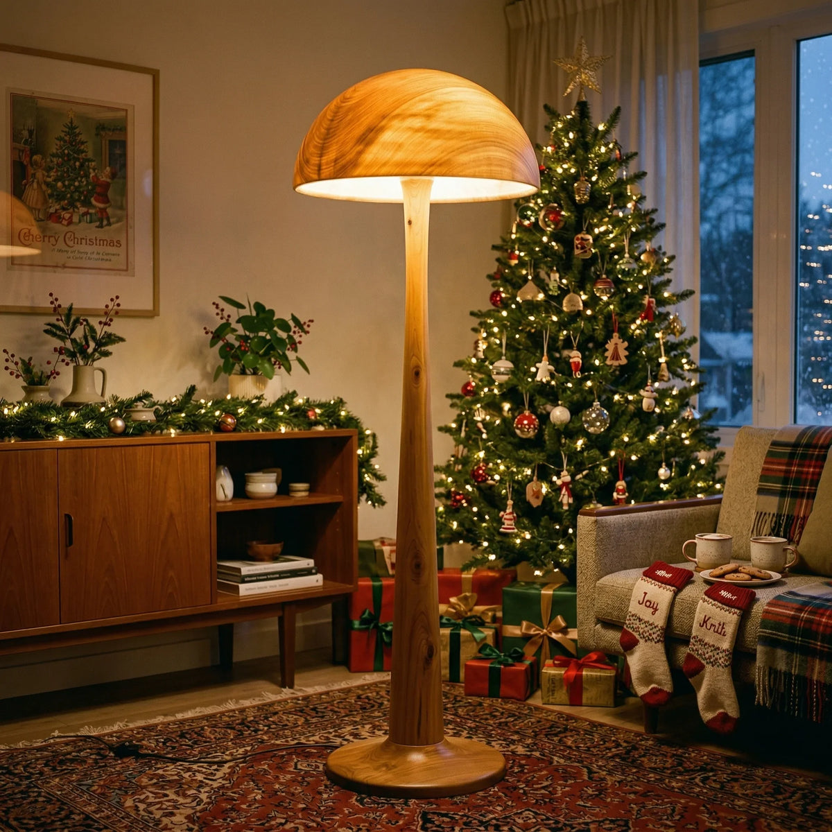 Solid wood mushroom floor lamp with glowing dome cap in cozy holiday living room setting