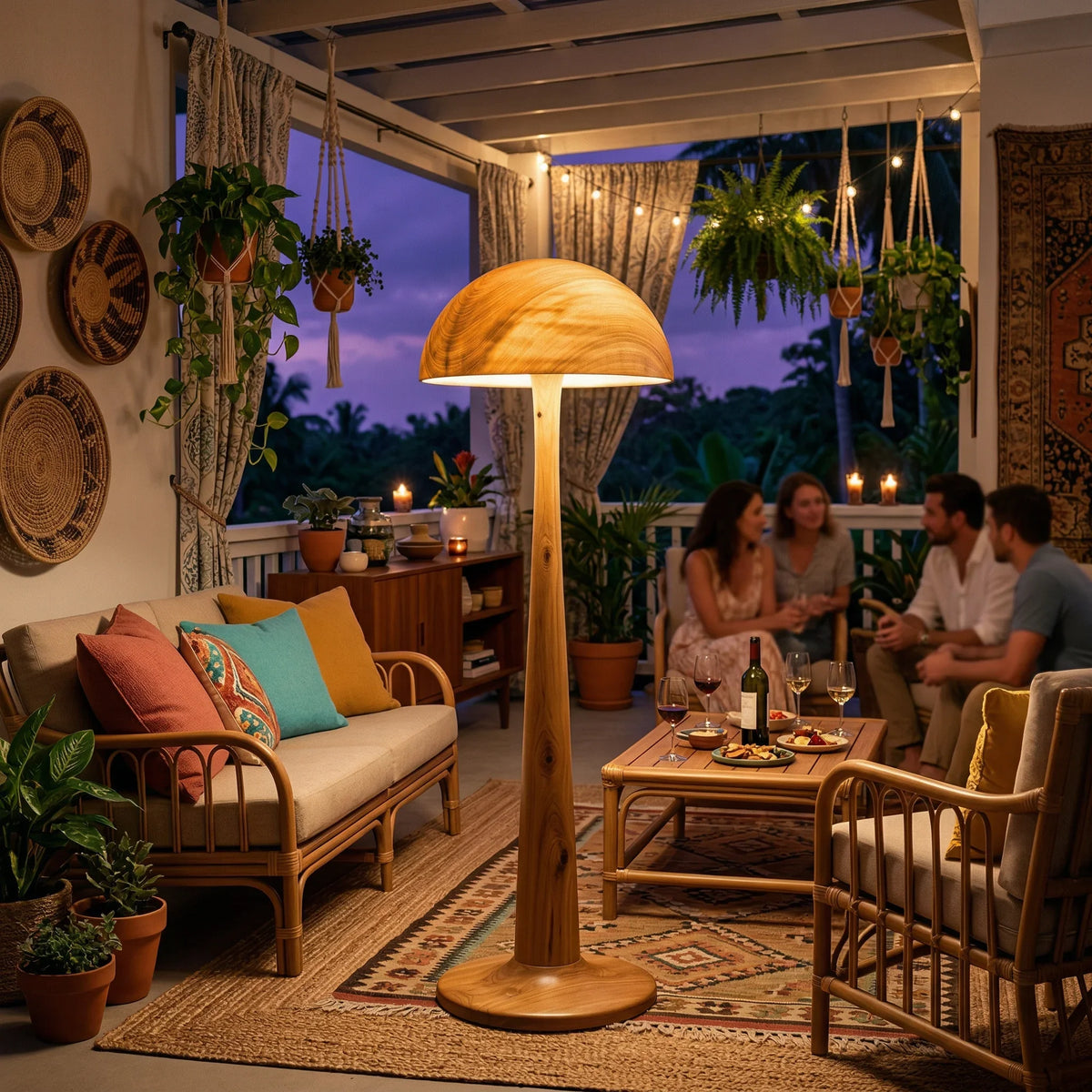 Solid wood mushroom floor lamp with glowing dome shade on cozy outdoor patio at sunset