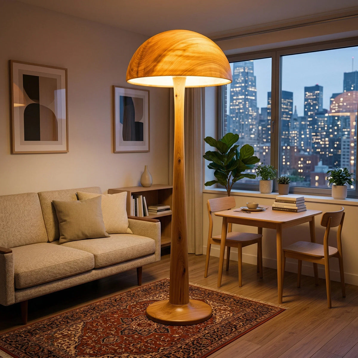 Solid wood mushroom floor lamp with glowing dome shade in a modern living room