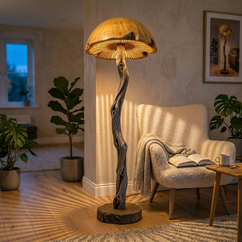 Twisted Driftwood Mushroom Floor Lamp with Gill Glow Dome