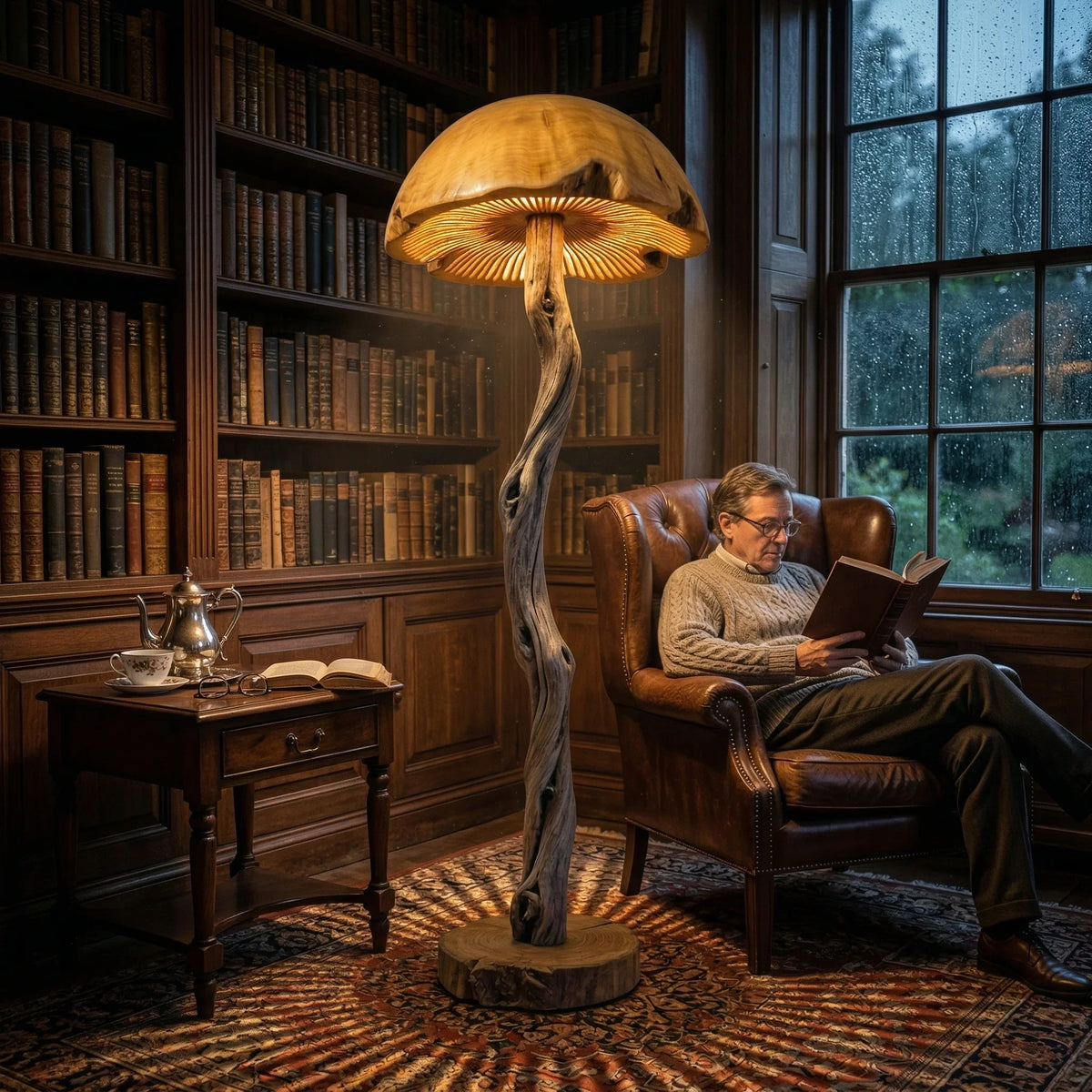 Twisted driftwood mushroom floor lamp with hand-carved dome on reclaimed wood base in cozy library
