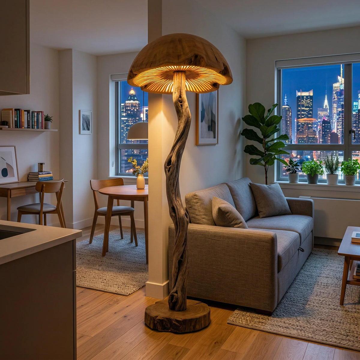 Twisted driftwood mushroom floor lamp with carved wooden dome and round reclaimed wood base in a modern living room.