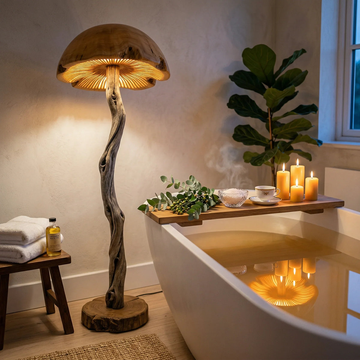 Twisted driftwood mushroom floor lamp with carved wood dome beside a modern bathtub and candles