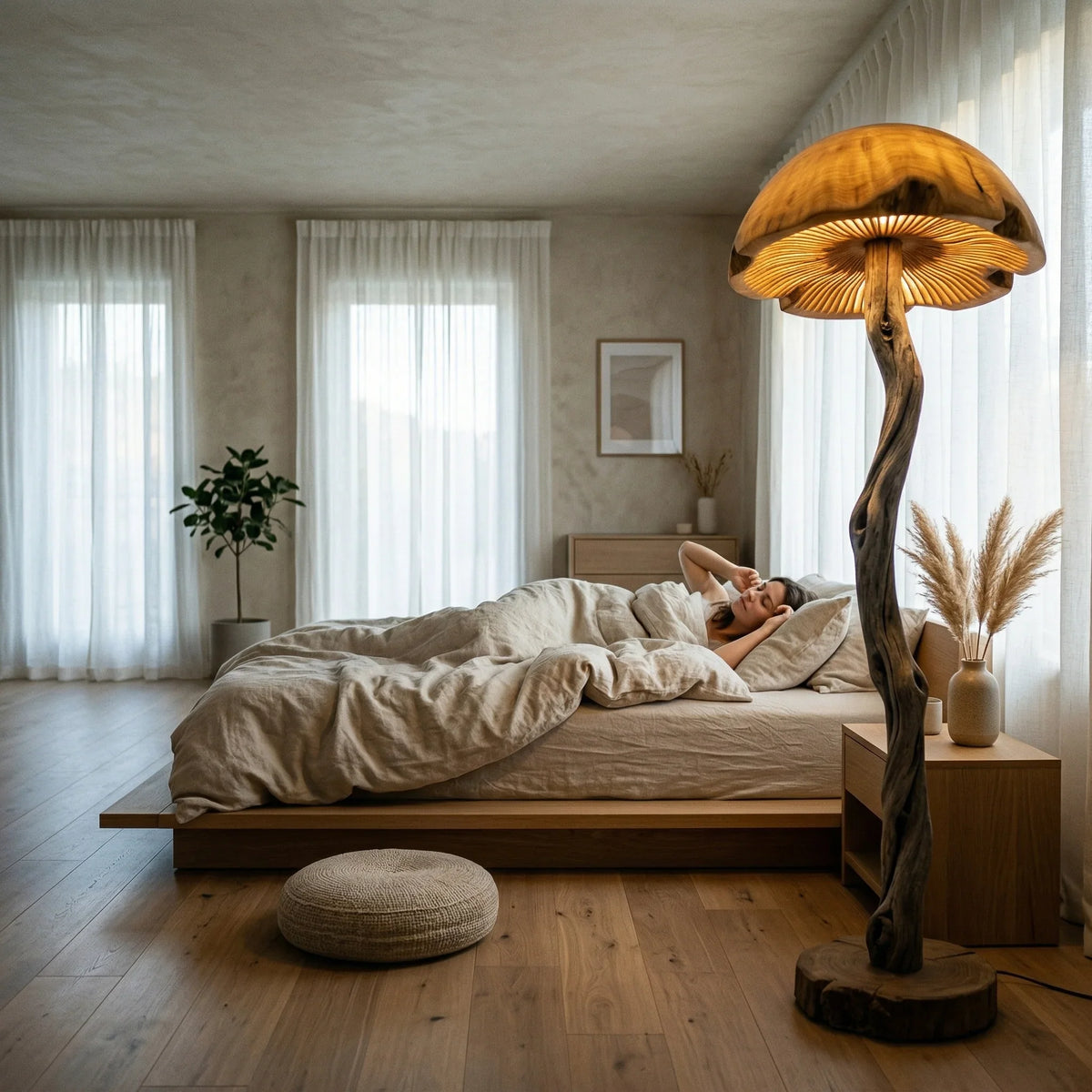 Twisted driftwood mushroom floor lamp with carved wood dome and round reclaimed base in bedroom