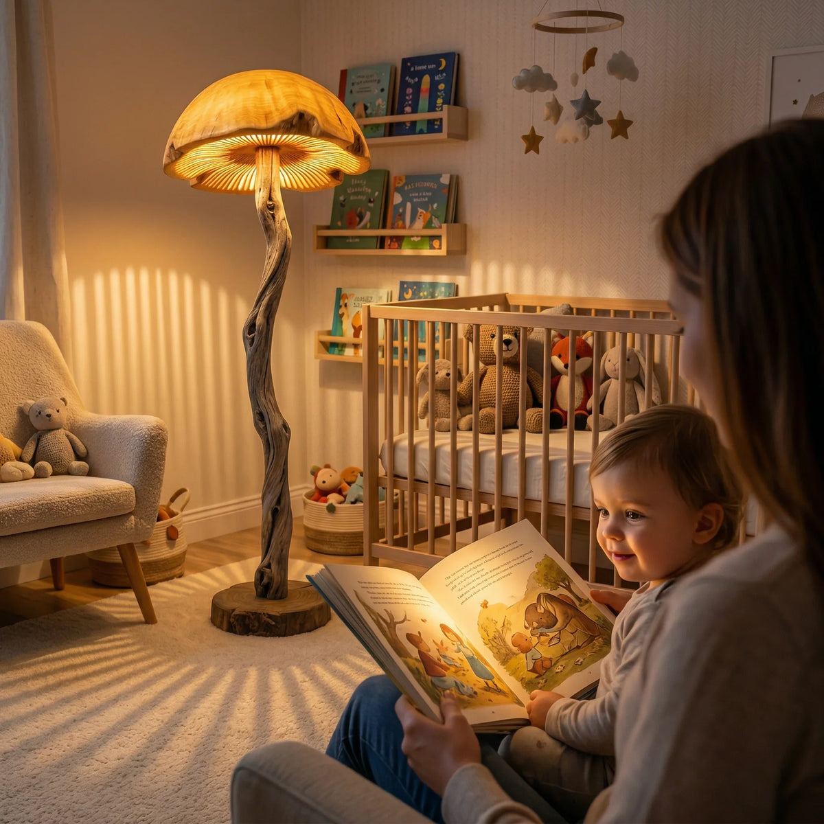 Twisted driftwood mushroom floor lamp with carved dome shade glowing in cozy nursery