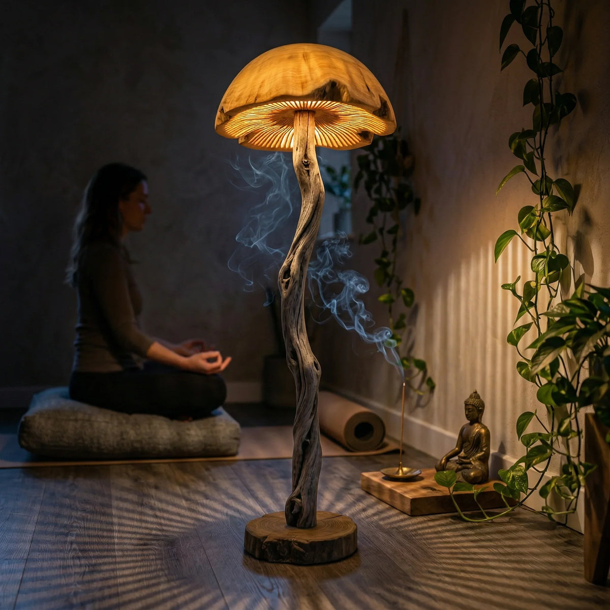 Twisted driftwood mushroom floor lamp with hand-carved wood dome in cozy meditation room