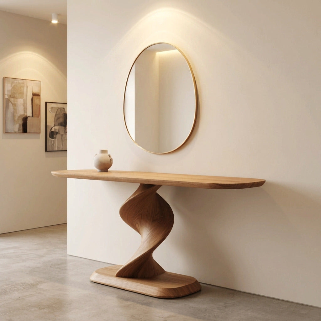 Modern twisted wood console table crafted from solid wood