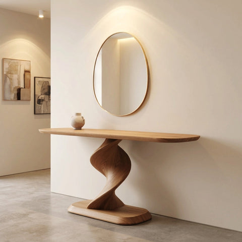 Modern twisted wood console table crafted from solid wood