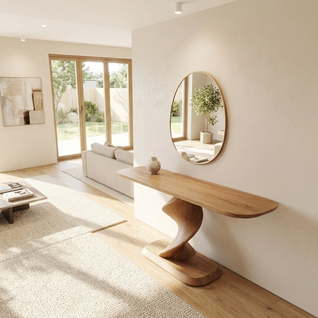 Twisted pedestal solid wood console table in a modern living room