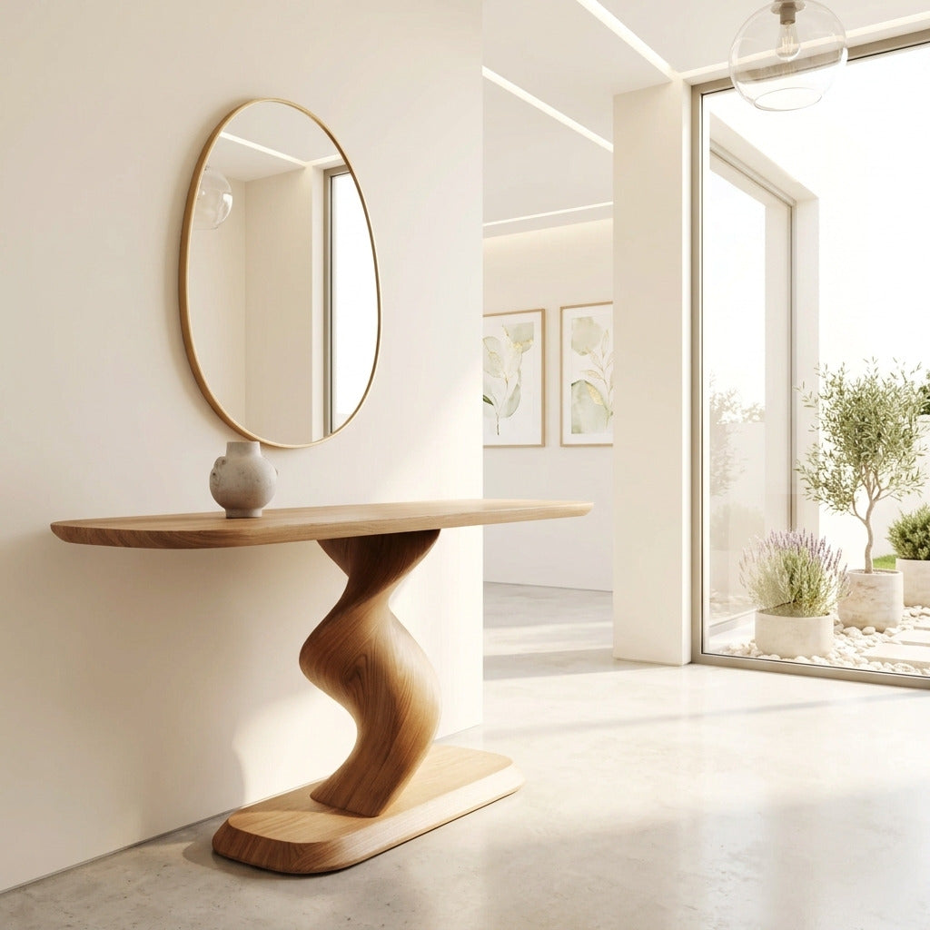 Modern solid wood console with twisted pedestal in a minimalist entryway