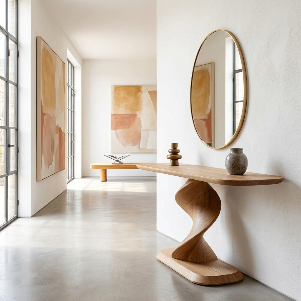 Artistic twisted wood console table in a Scandinavian interior