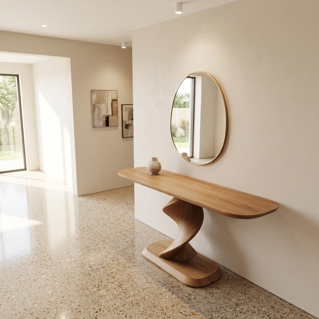 Sculptural wooden console table displayed in a contemporary entryway