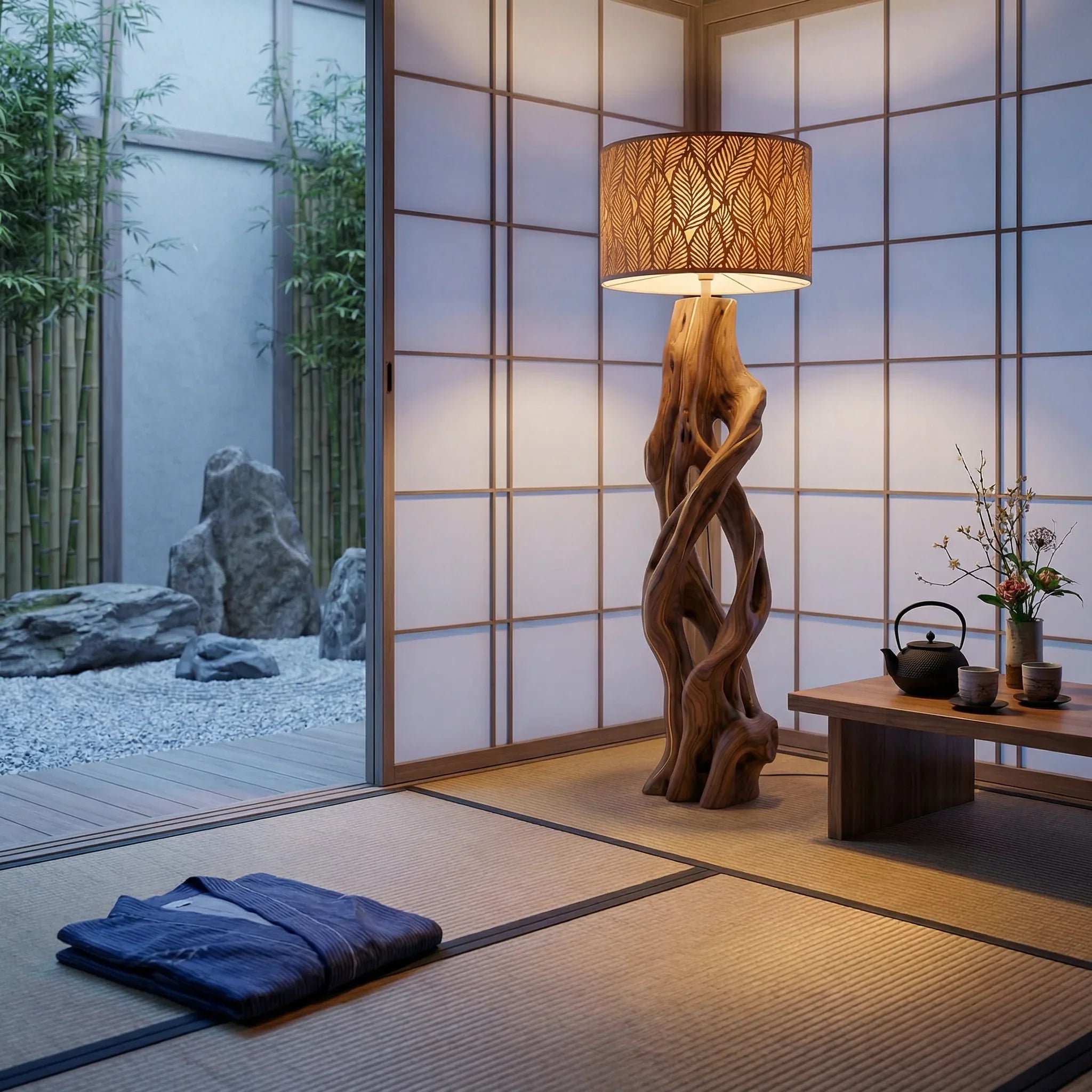 Twisted vine wooden floor lamp with leaf-patterned shade in a modern Japanese room