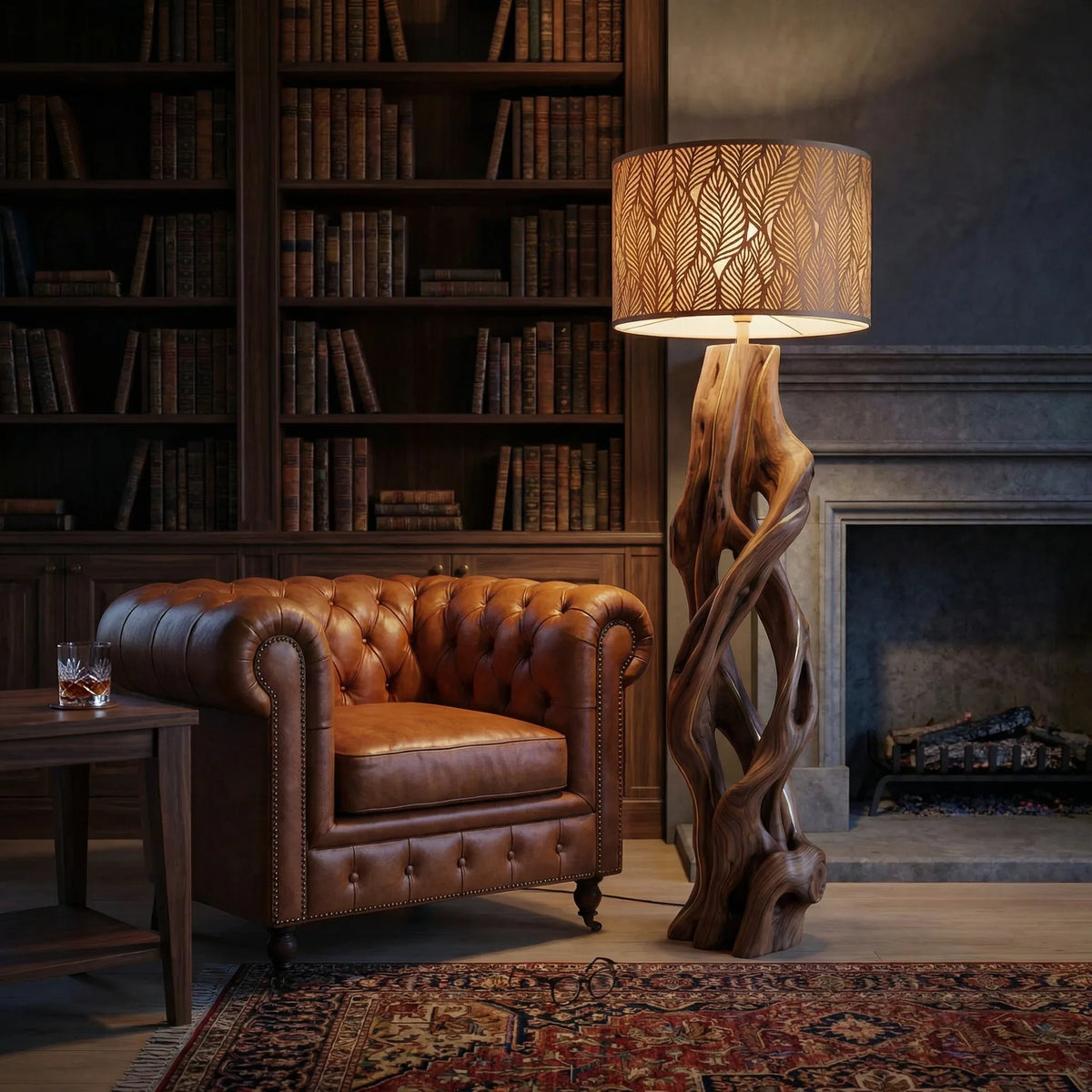 Twisted solid wood floor lamp with leaf-patterned shade beside leather armchair in cozy library